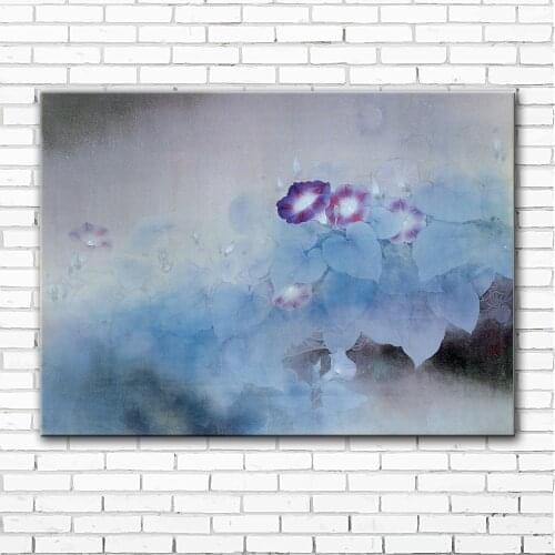 Chinese style blue morning glory leaves scenery canvas printings oil painting printed on canvas home wall art decoration picture