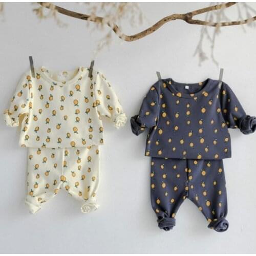 5108 Grey 66 Low 2 Pieces Suit Home Wear Lemon Print Bottoming Shirt + High Waist Pant Cotton Newborn Girl Boy Clothing Set