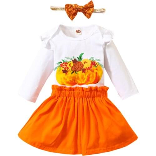 3Pcs Baby Girls Halloween Pumpkin Print Outfits Newborn Infant Toddler Sets Long Sleeve Romper Solid Shorts Bow Headband 0-24M