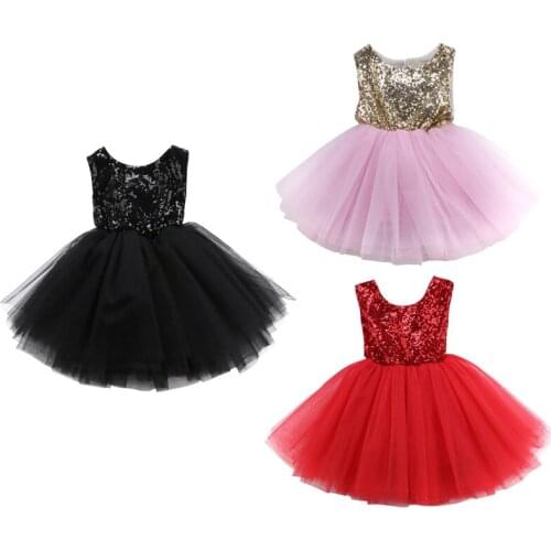 Fashion Formal Party Newborn Infant Baby Girls Sleeveless O-Neck Lace Bow Sequined Knee-Length Tutu Princess Dress Sundress