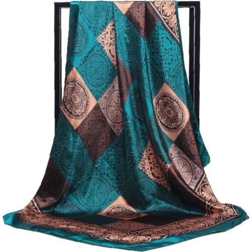 Fahsion Floral Print Hijab Scarf For Women Silk Satin Head Scarfs Female 90X90cm Square Shawls And Wraps Scarves For Ladies 2021