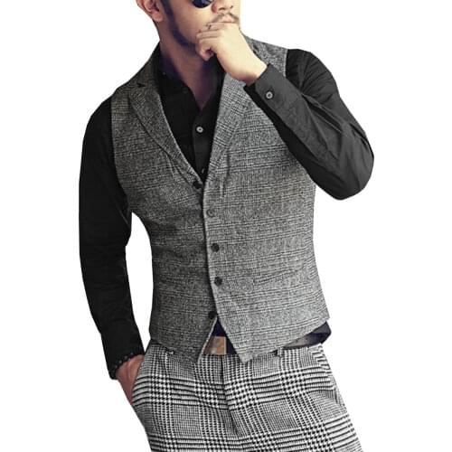 Mens Single-breasted Suit Vest V Neck Wool Plaid Waistcoat Casual Formal Business Groomman For Wedding