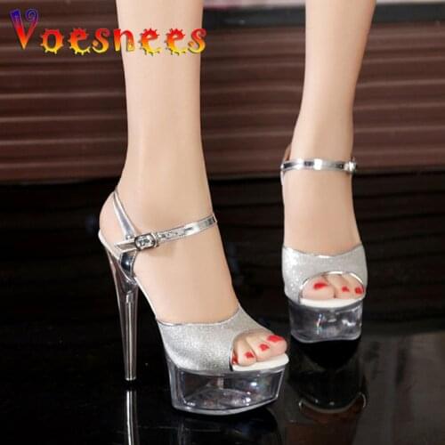 2019 New Nightclub Sexy Stage Show Shoes 15cm High-heeled Sandals Silver Sequins Wedding Shoes Plus Size 34-43