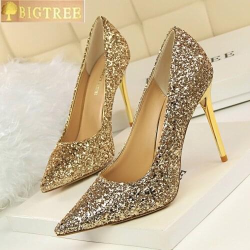 2019 New Arrival Autumn Womens Fashion Solid Sequined Cloth Shallow Party Shoes Sexy Pointed Toe High Heels 9cm Shoes for Wome