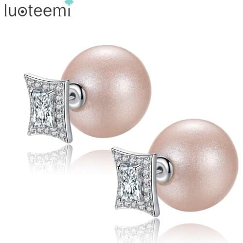 LUOTEEMI Square CZ Stone Stud Earrings for Women Fashion Party Jewelry Round Simulated-pearl Pendiente Mujer Oreja Bijoux Femme