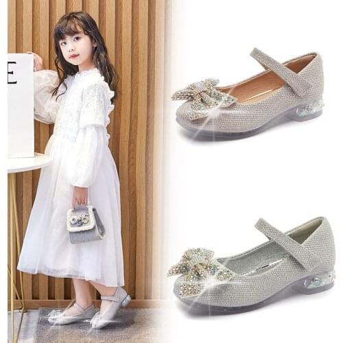 2020 Princess Kids High-Heeled Shoes For Little Girls Butterfly Glitter Dress Shoes For Children 3 5 6 7 8 9 10 11 12 Years Old