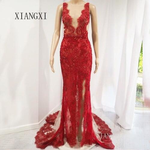 Vestidos Red Mermaid Evening Dress 2020 Deep V-Neck Sleeveless High Split See Through Long Evening Dresses Robe de soiree