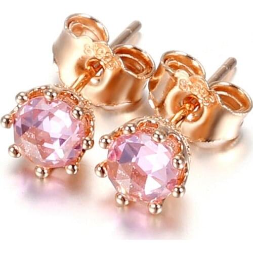 Original Pink Sparkling Crown Stud Earrings With Crystal For Women 925 Sterling Silver Earring Gift DIY Pandora Jewelry