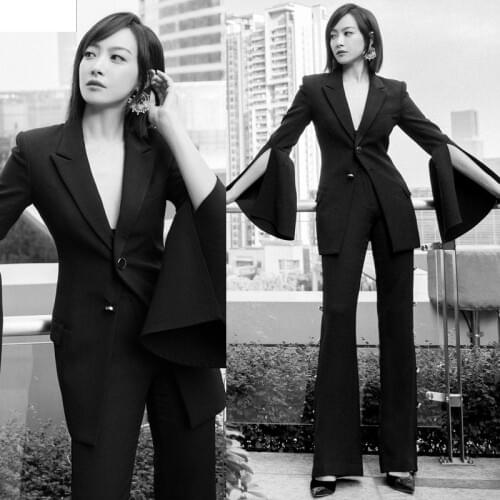 Women Blazer Pant Set Autumn Single Breasted Flare Sleeve Office Blazer Jacket Long Flare Pant Trouser Suit OL 2 Pieces Outfit