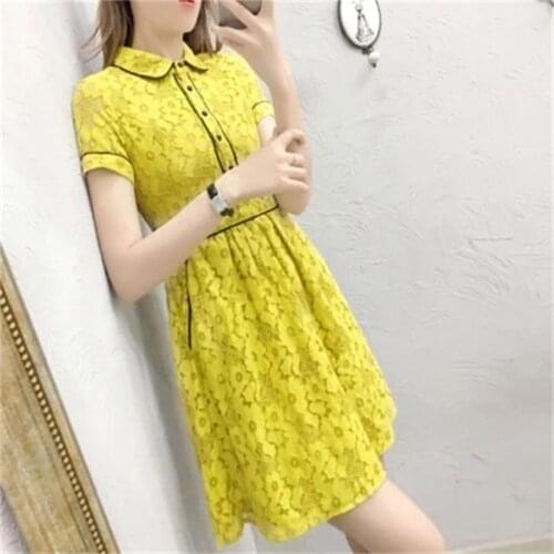 Lace dress women new womens summer yellow dress doll collar hollow lace dress women