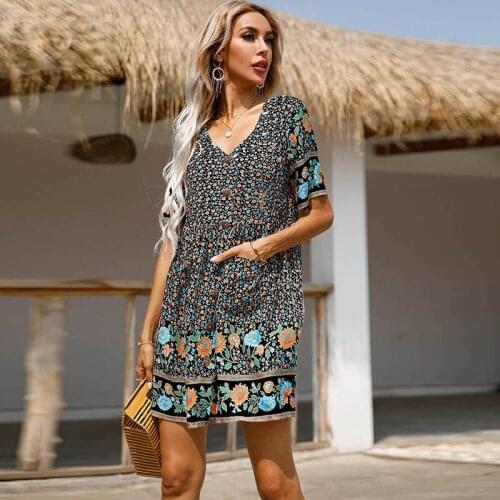 Elegant Women Dresses Summer Vacation Floral Print Casual V-Neck Dresses Loose Lady Beach Vintage A-Line High Waist Short Sleeve
