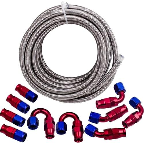 6AN AN6 5M 16FT PTFE Stainless Steel Braided Fuel Gas Oil Line Hose Assembly kit 0+45+90+180 degree+10 pcs End Fitting Kit
