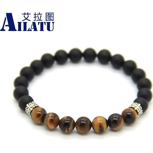 Ailatu Fashion Natural 8mm Blue Sea Sediment Stone and Tiger Eye Beads Bracelet Men and Womens Estaic Jewelry