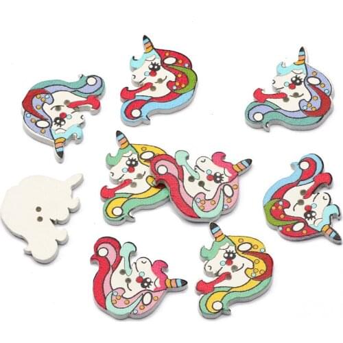 50pcs/lot 20x26mm Natural Wooden Scrapbooking Cartoon Unicorn Clothing Decorative Buttons for DIY Crafts Sewing Accessories