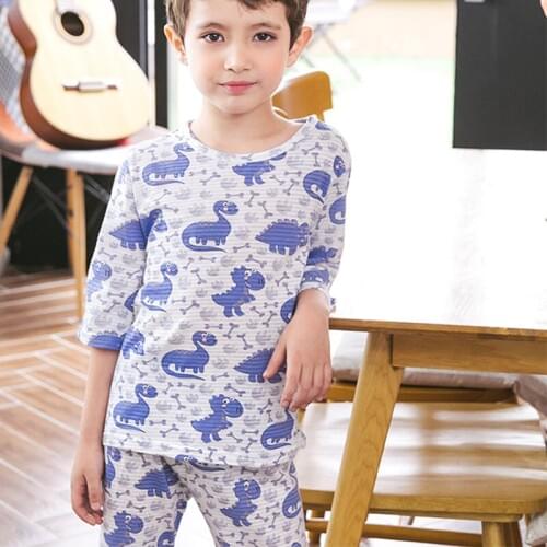 Children cotton boys girls short sleeve shorts grey summer home round neck cartoon printed pajamas on sale 61005