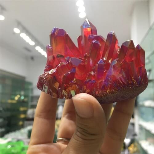 HOT! Beautiful electroplate red aura quartz crystal cluster with rainbow light natural stone and mineral for home decor as gift