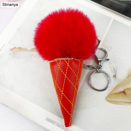 Leather ice cream Key Chain Solid color Faux Fur Pompom Keychain Lovely Car Key Ring Women New Bag Charm Accessories K1665