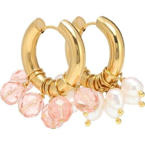 Stainless TIMELESS PEARLY Mismatched hoop earrings asymmetrical pink crystals beads element freshwater peal earrings for women