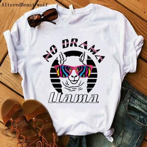 NO DRAMA LLama T-Shirts Women funny printed llama t shirt femme women cartoon short sleeve white Tops christmas tshirt clothes