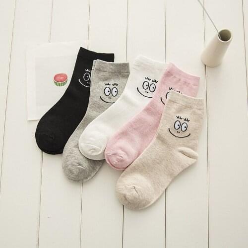 Cartoon Smiley Socks Women Japenese Fashion Kawaii Cute Crew Socks Girls White Black Smile Face Casual Cotton Short Sock