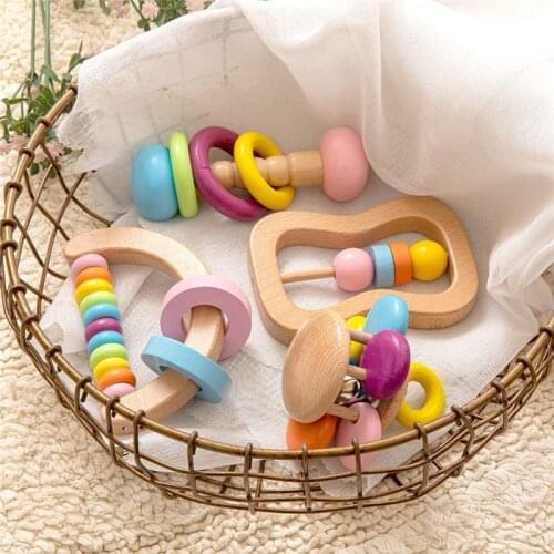 4pcs/set Montessori Rattles For Baby Newborn Gift Educational Wooden Rainbow Rattle Baby Toy For Children Boys Girls 0 12 Months