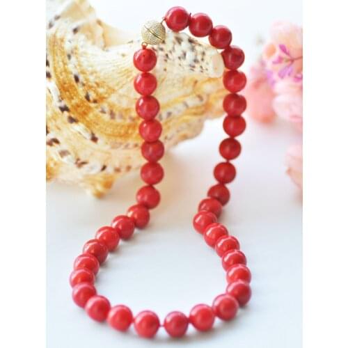S2399 17" 12mm Round Natural Red Coral Bead Necklace Magnet CZ