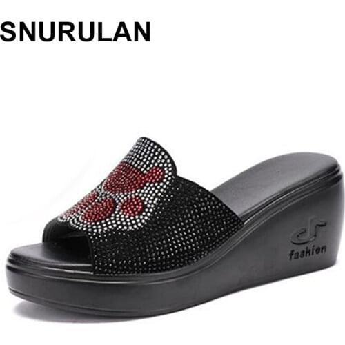 SNURULANNew cowhide leather rhinestone summer shoes women comfortable wedge sandals women fashion slippers famous leather