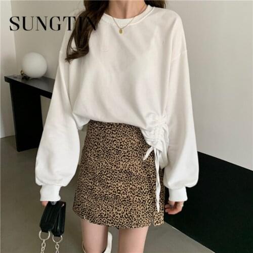 Sungtin Vintage Lantern Sleeves Drawstring Loose Oversized Sweatershirt Women Korean Solid O-neck Female Pullover Causal Tops