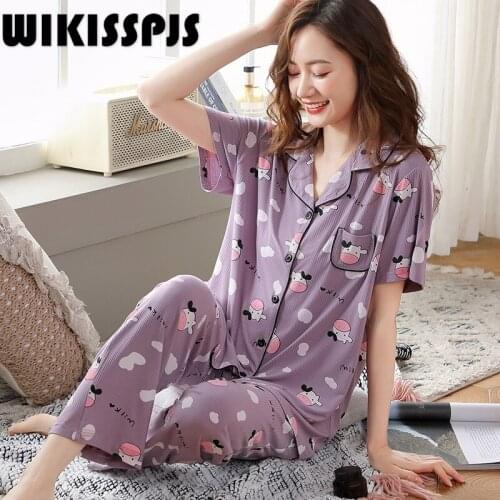 WIKISSPJS 2021Summer Modal Cardigan Short Sleeve Pants Housewear Suit Pajamas Sleepwear Sleep Tops Lounge Sets Cartoon
