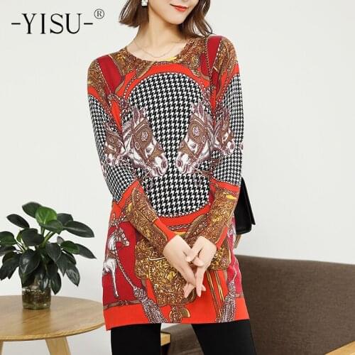 YISU 2020 Autumn Winter Fashion Printed sweater Women O Neck Pullover Loose Long Sleeves Jumper Women Tops long Sweater