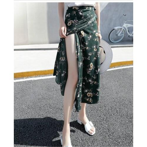 One Size Chiffon Bohemian One Piece Split Skirt Women 2020 Summer High Waist Irregular Floral Printed Wrap Midi Skirts Holiday