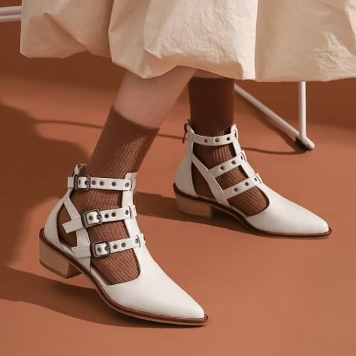 Metal decoration High Heels Summer Boots Sweet Zipper Pointed Toe Shoes Woman Heels Genuine Leather Wedding Basic Boots white