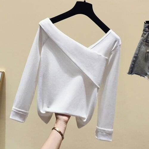 Slash Neck Tops Women T-shirt Spring Autumn Long Sleeve Womens Tshirt White Cotton Tee Shirt Solid Slim Camisetas De Mujer 2021