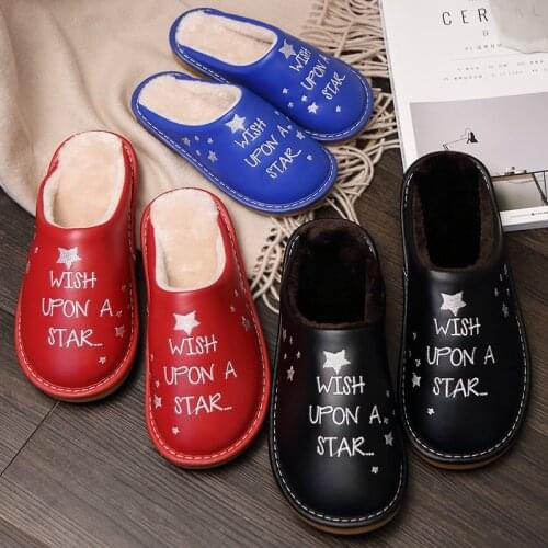 Womens Winter Indoor Slippers PU Cotton Couple Slippers Waterproof Non-Slip Home Slippers Winter Warm Men Home Shoes