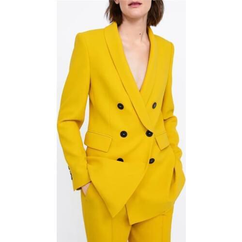 2020 Women Elegant Yellow Blazers and Jackets Pockets Double Breasted Outerwear Office Lady Work Wear Chic Tops Suits Coat