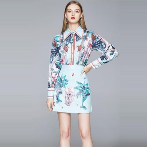 Two Piece Set Women 2021 Spring Summer Vintage Printed Turn-Down Collar Long Sleeve Blouse Tops High Waist Mini Skirt Lady Suit