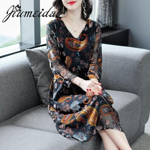 JiuMeiDai Women A-Line Casual Velvet Dress Office Lady Elegant Printed V-Neck Dresses Female Vintage Party Clothing Plus Size