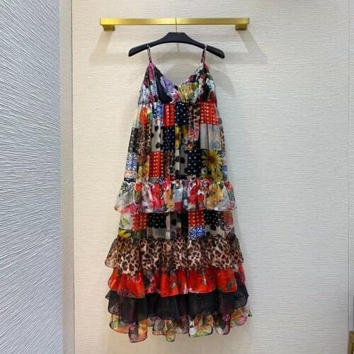 2021 Fashion Runway Summer Dress Women Spaghetti Strap V-Neck Vintage Floral Print Sexy Ruffles Holiday Top Long Dress