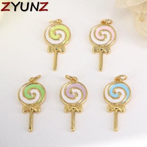 10PCS, Gold-color Enamel Lollipop Neck Pendants Cute lollipop Charms Pendant Copper Zircon Accessories