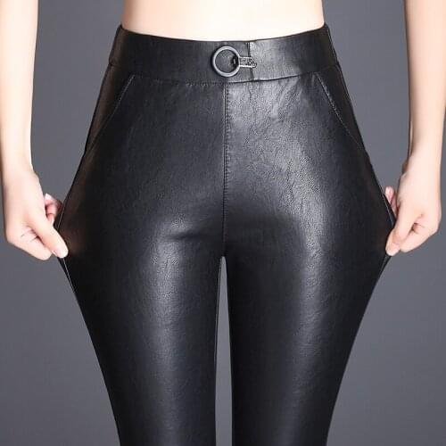 2017 Winter women faux leather nine pants capris PU botton Snakeskin elastic high waist stretch Plus size wide leg pants