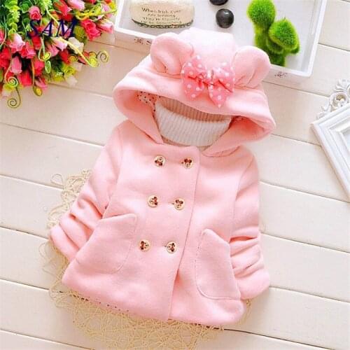 2019 Girls Casual Thick Woolen Coats Childrens Hooded Shirt Bow Pocket Double-breasted Outerwear Baby Kids Warm Jackets Clothes