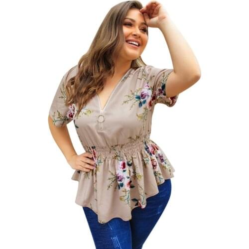 Plus Size Floral Blouse Women Loose Blouse Summer V-Neck Elegant Fashion Long Shirts Big Size Tops