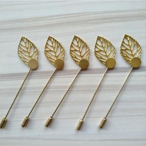 Cheap 6Pcs/Lot Gold leaf Plated Copper Hat Brooches pins Stick brooch lapel pin base for women men Diy Jewelry Findings Jewelry