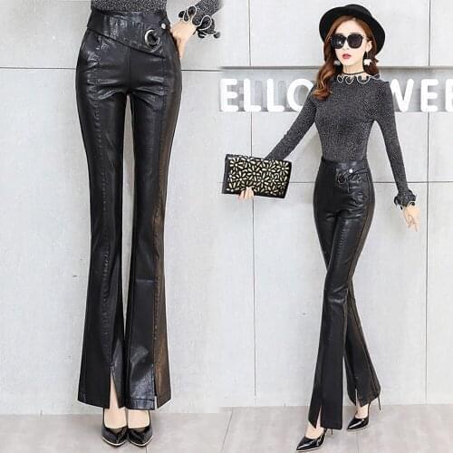 Hem Slit PU Leather Pants Women Casual Wide Leg Leather Pants Autumn Winter High Waist Was Thin Plus Velvet Flared Trousers
