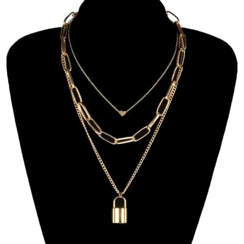 Key Padlock Pendant Necklaces Multi Layer Lock Necklace Heart Link Chain On The Neck With Lock Punk Jewelry Mujer For Women Gift