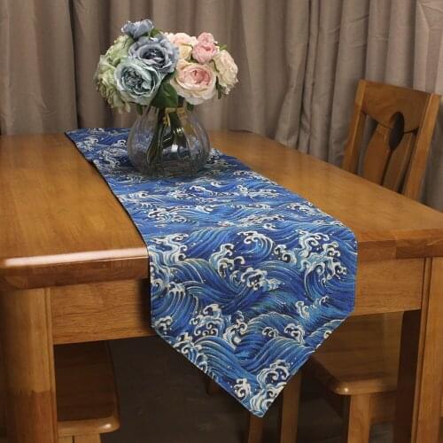 CURCYA Simple Japanese Style Sea Wave Table Runner Cotton Linen Double Layer Pointed Table Runners for Tables Cabinets