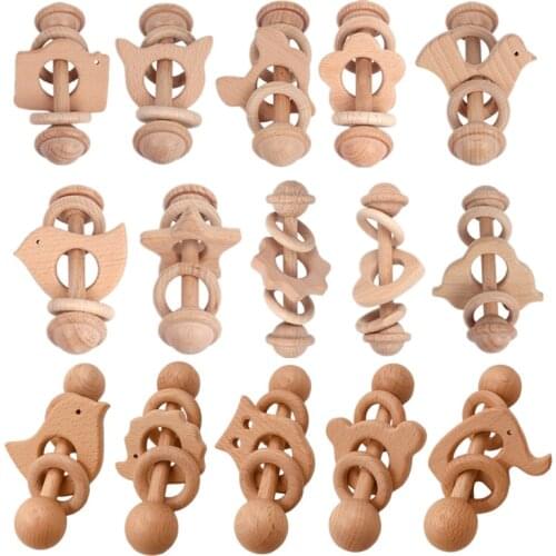 OOTDTY Wooden Baby Rattles BPA Free Beech Wooden Ring Rattle Toys Toddler Teething Toy Bell Rattles Newborn Educational Toys