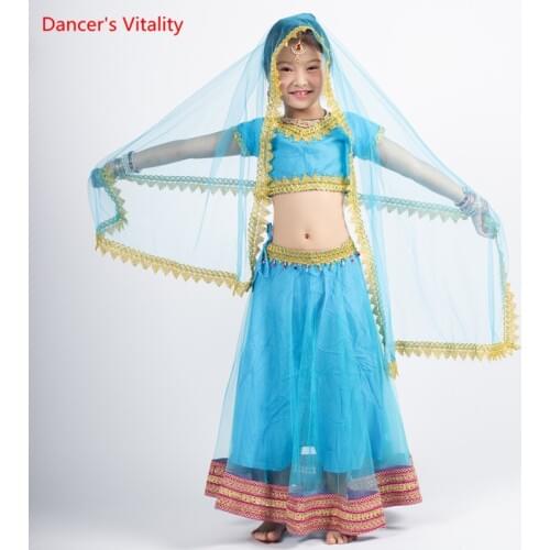 Children India Dance Clothing Girls Belly Dance Suit Tops+Skirt+Veil 3pcs Set For Kids India Dance Stage Performance Costumes