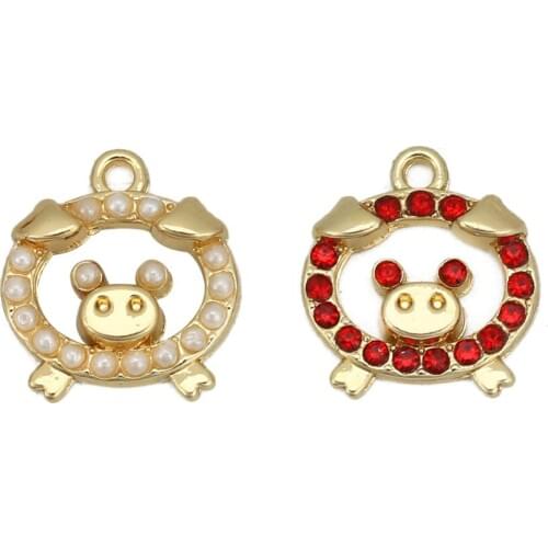 DoreenBeads Fashion Zinc Based Alloy Pendant Charms Pig Animal Gold Red White Rhinestone Jewelry DIY Findings 16 x 15mm, 10 PCs