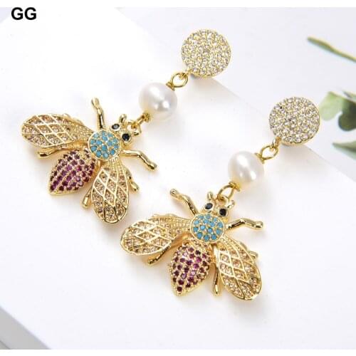 GuaiGuai Jewelry White Pearl Mixed Color Insect CZ Stud Earrings